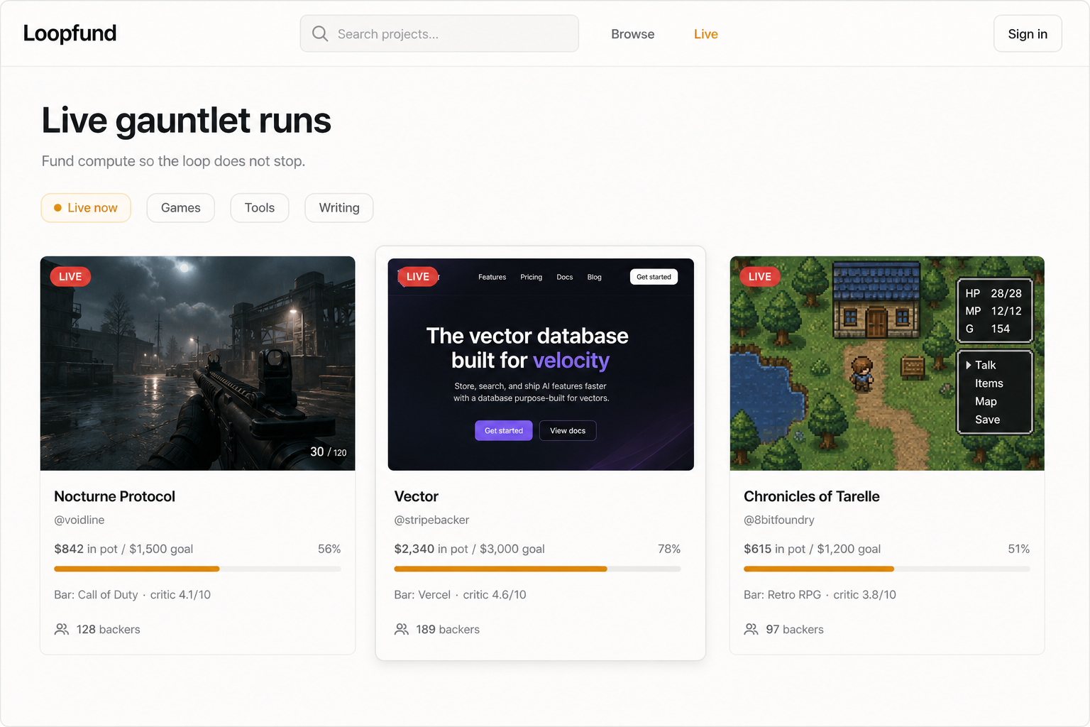 Browse live gauntlet runs